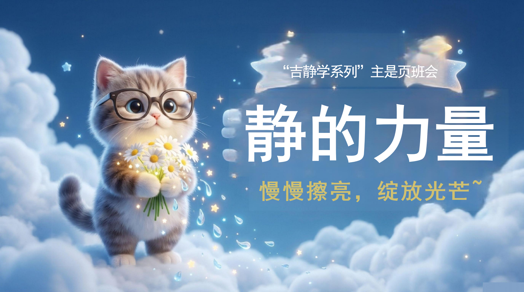 “吉静学系列”主是页班会主题班会PPT模板 慢慢擦亮，绽放光芒~ 静的力量 主题班会PPT课件素材 PPT封面预览