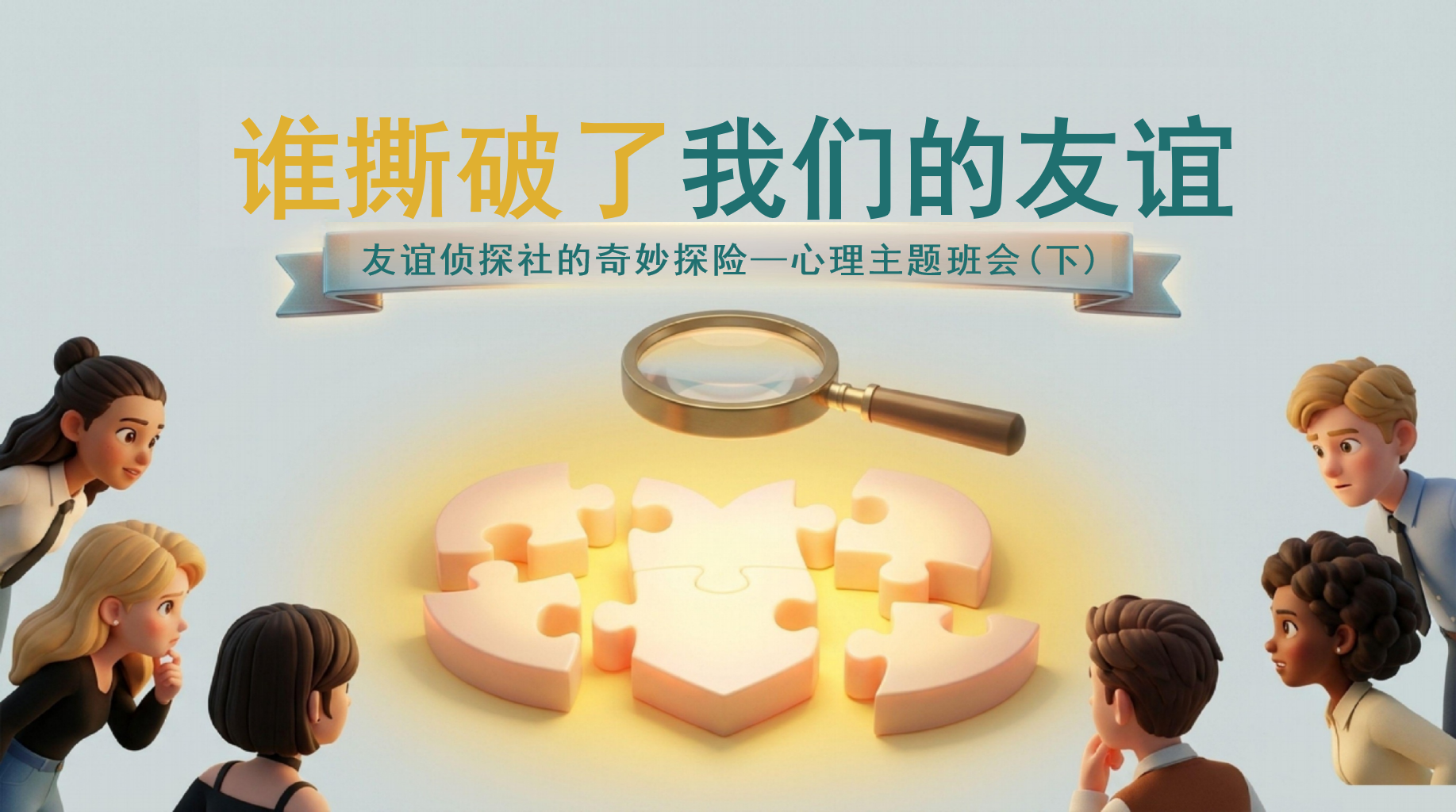 友谊侦探社的奇妙探险—心理主题班会(下)PPT模板 谁撕破了我们的友谊 细心但缺乏安全感， 想照顾所有人惰绪， 但有时方法不对 主题班会PPT课件素材 PPT封面预览