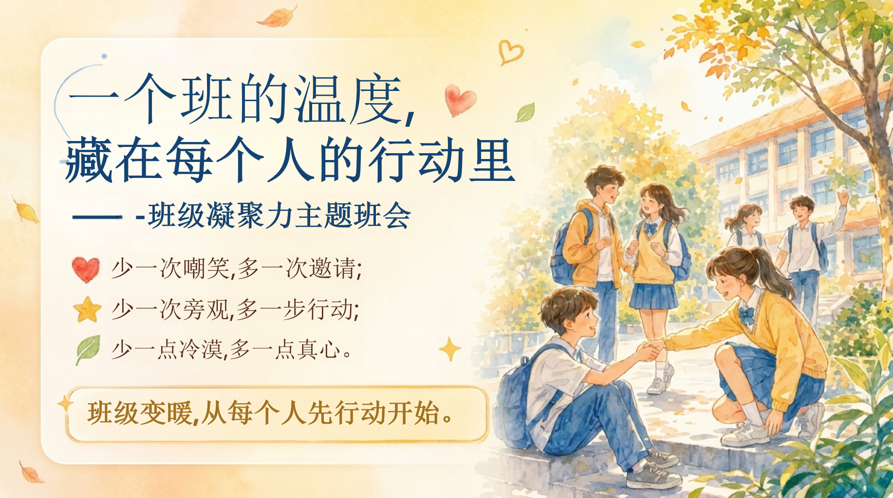 班级凝聚力主题班会PPT模板 班级变暖,从每个人先行动开始 藏在每个人的行动里 主题班会PPT课件素材 PPT封面预览