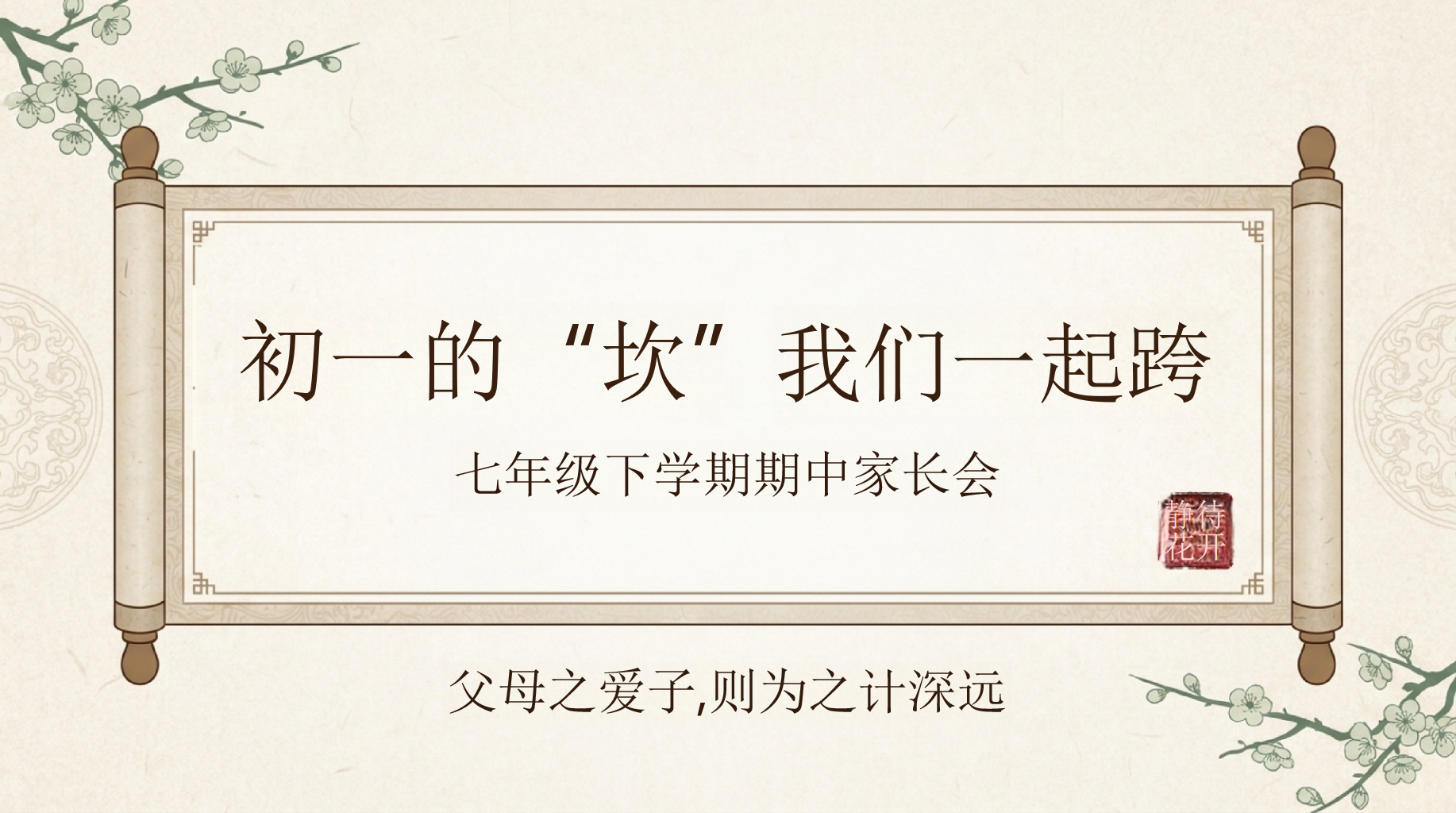 七年级下学期期中家长会PPT模板 父母之爱子,则为之计深远 初一的“坎” 家长会PPT课件素材 PPT封面预览