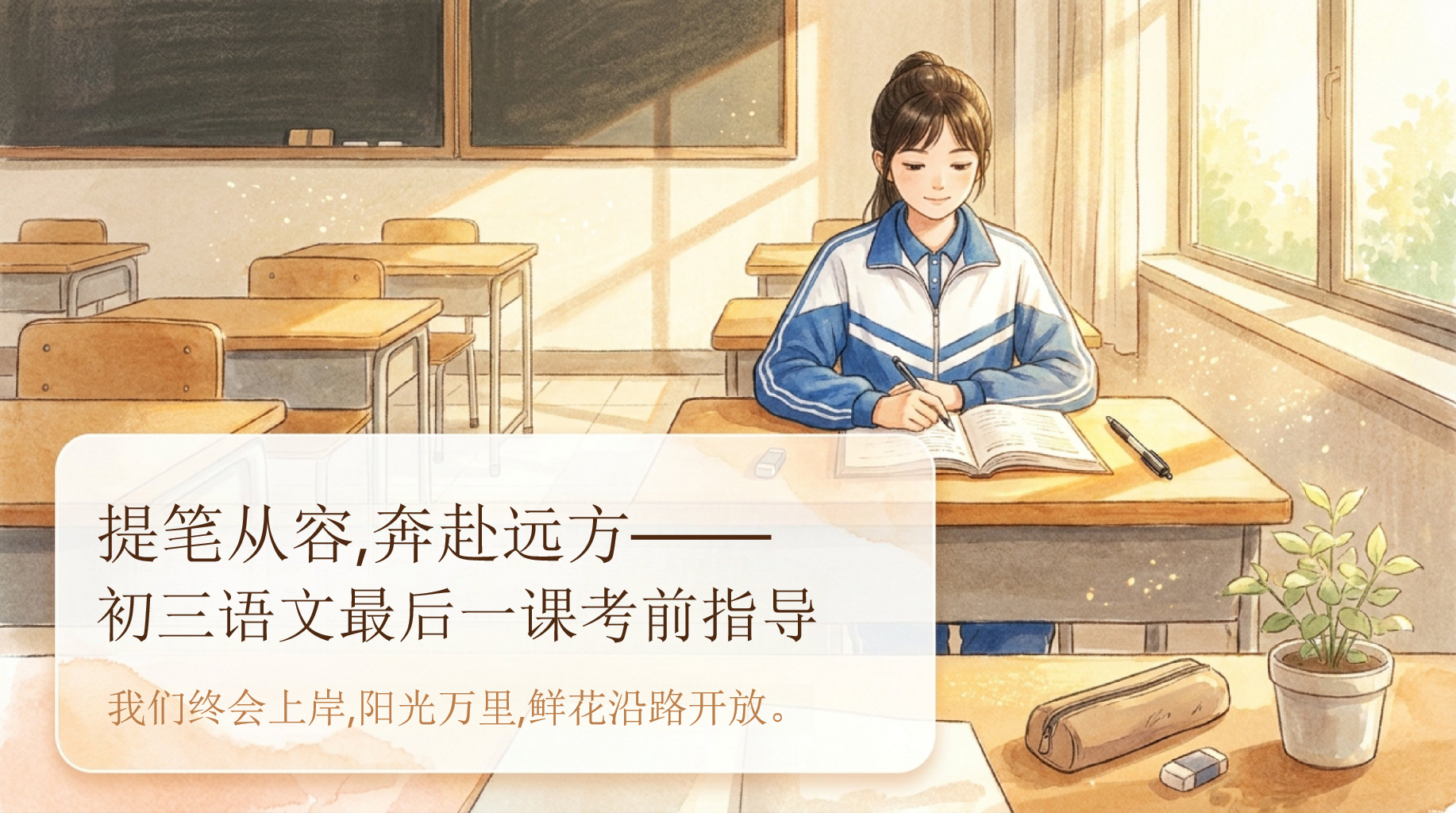 初三语文最后一课考前指导PPT模板 复盘阅读和默写的基本盘 我们终会上岸,阳光万里,鲜花沿路开放 PPT课件素材 PPT封面预览