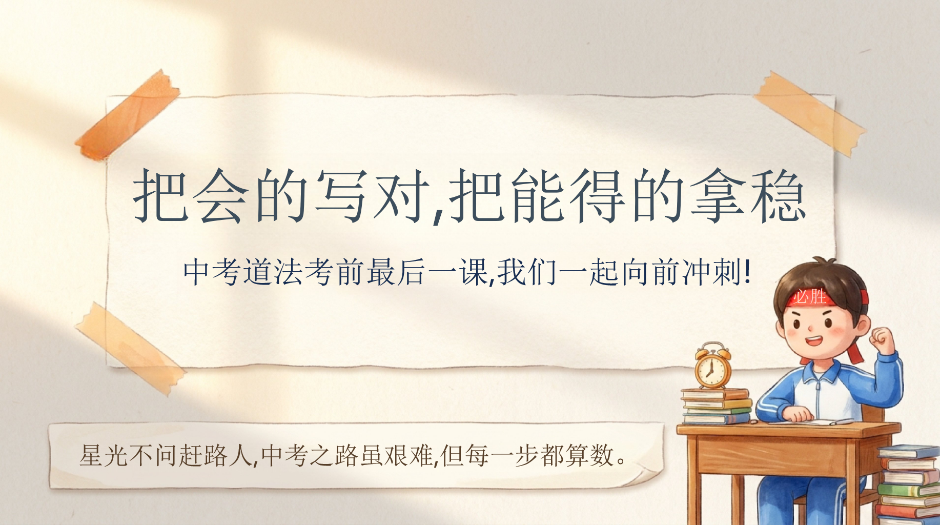 中考道法考前最后一课,我们一起向前冲刺PPT模板 星光不问赶路人,中考之路虽艰难,但每一步都算数 把会的写对,把能得的拿稳 PPT课件素材 PPT封面预览