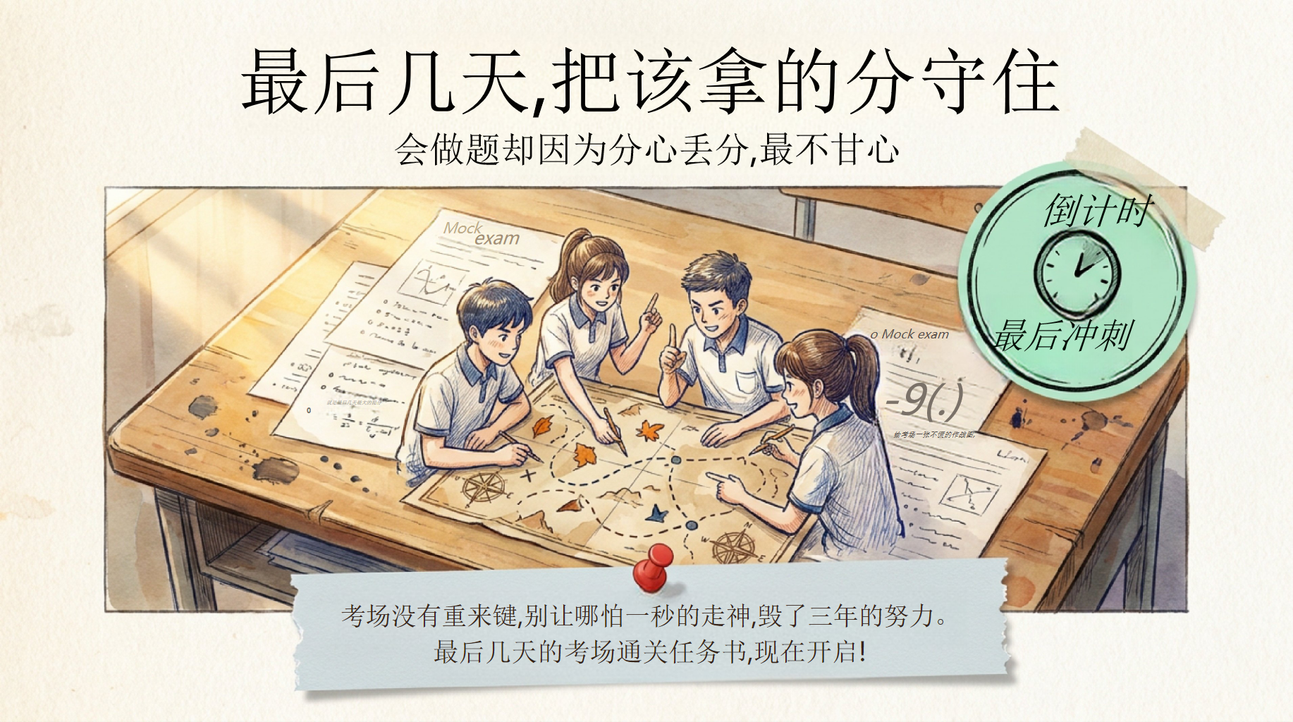 最后几天,把该拿的分守住PPT模板 会做题却因为分心丢分,最不甘心 考场没有重来键,别让哪怕一秒的走神,毁了三年的努力 PPT课件素材 PPT封面预览