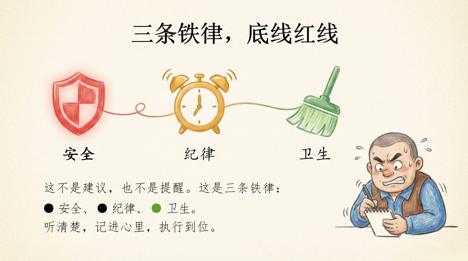 马年开学第一课:新学期,立规矩PPT模板 今天没有寒暄,没 有破冰游戏,我们只做一件 安全、 纪律、 卫生 PPT课件素材 第4页预览