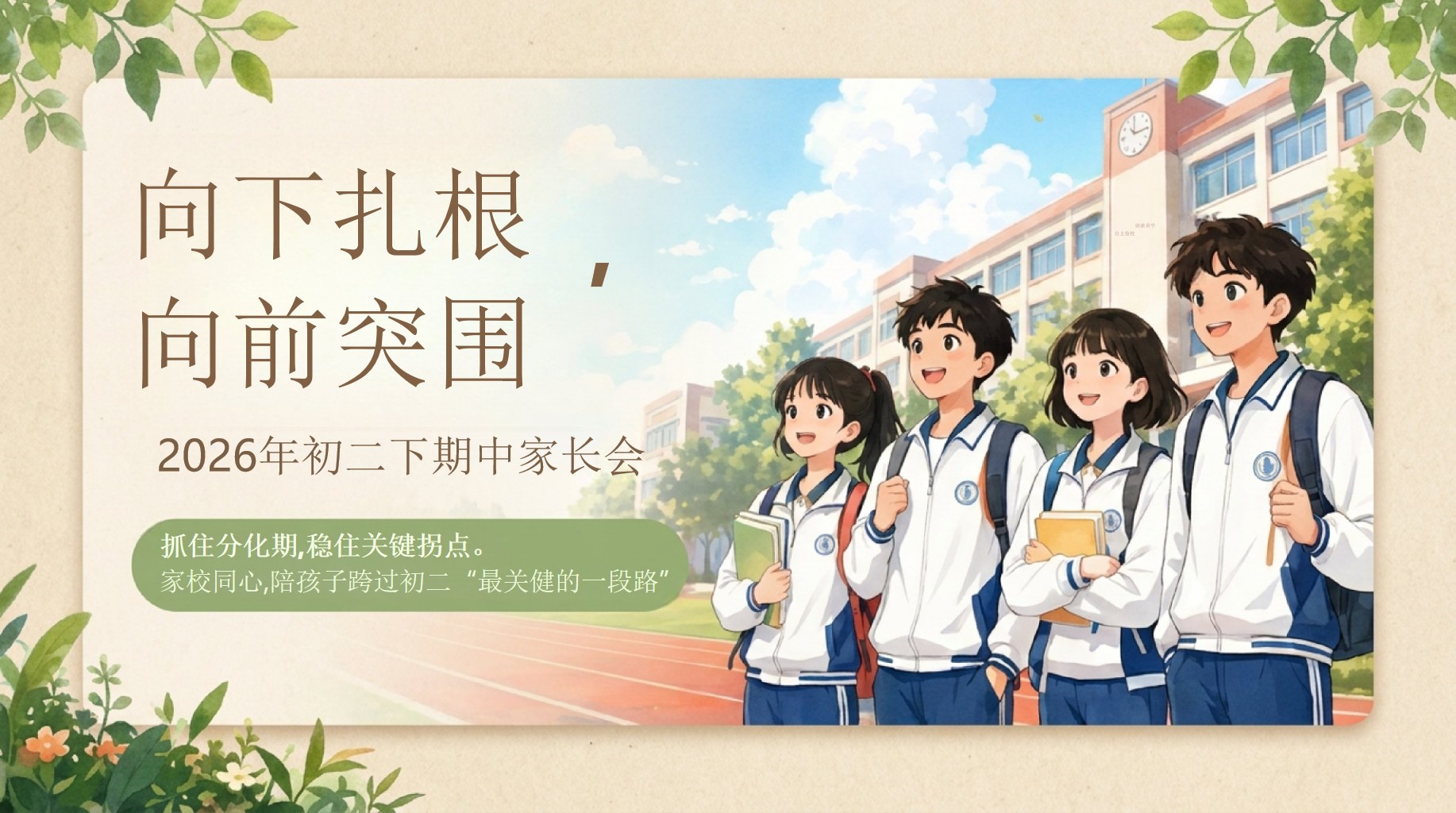 年初二下期中家长会PPT模板 今日家长会议程 期中问题复盘 家长会PPT课件素材 第1页预览