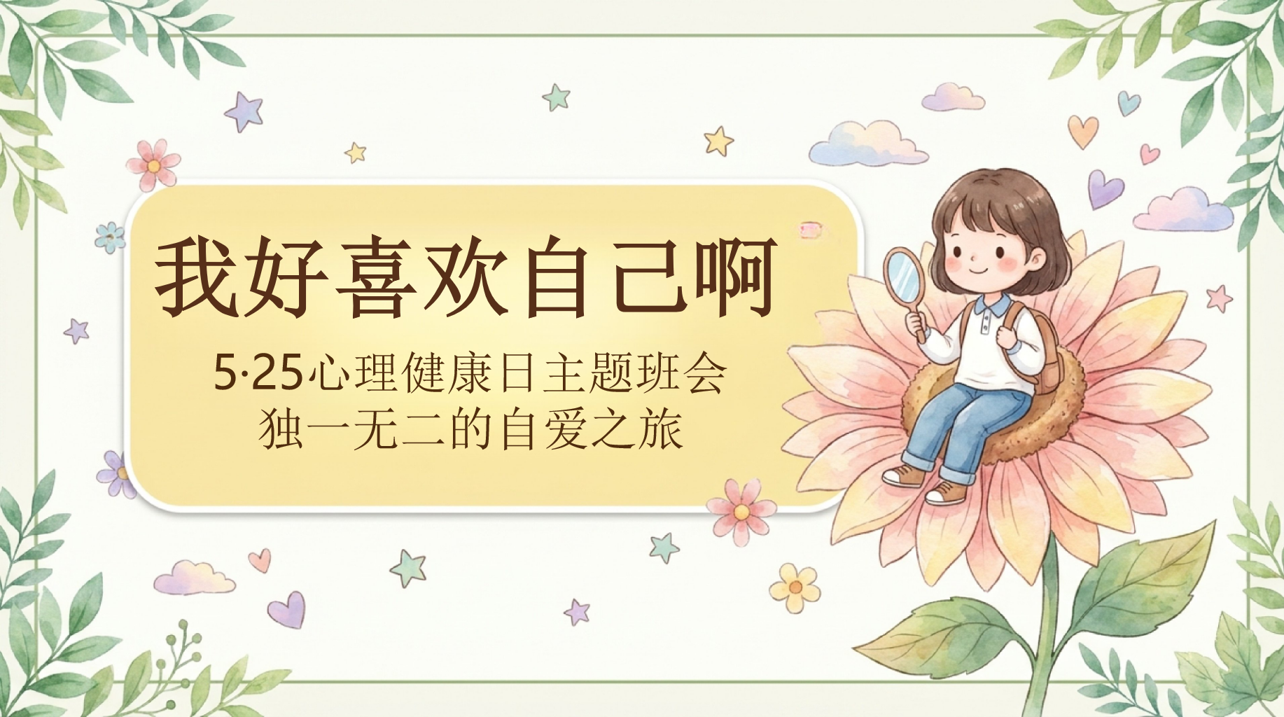 ·25心理健康日主题班会PPT模板 5·25心理健康日的由来 独一无二的自爱之旅 主题班会PPT课件素材 第1页预览