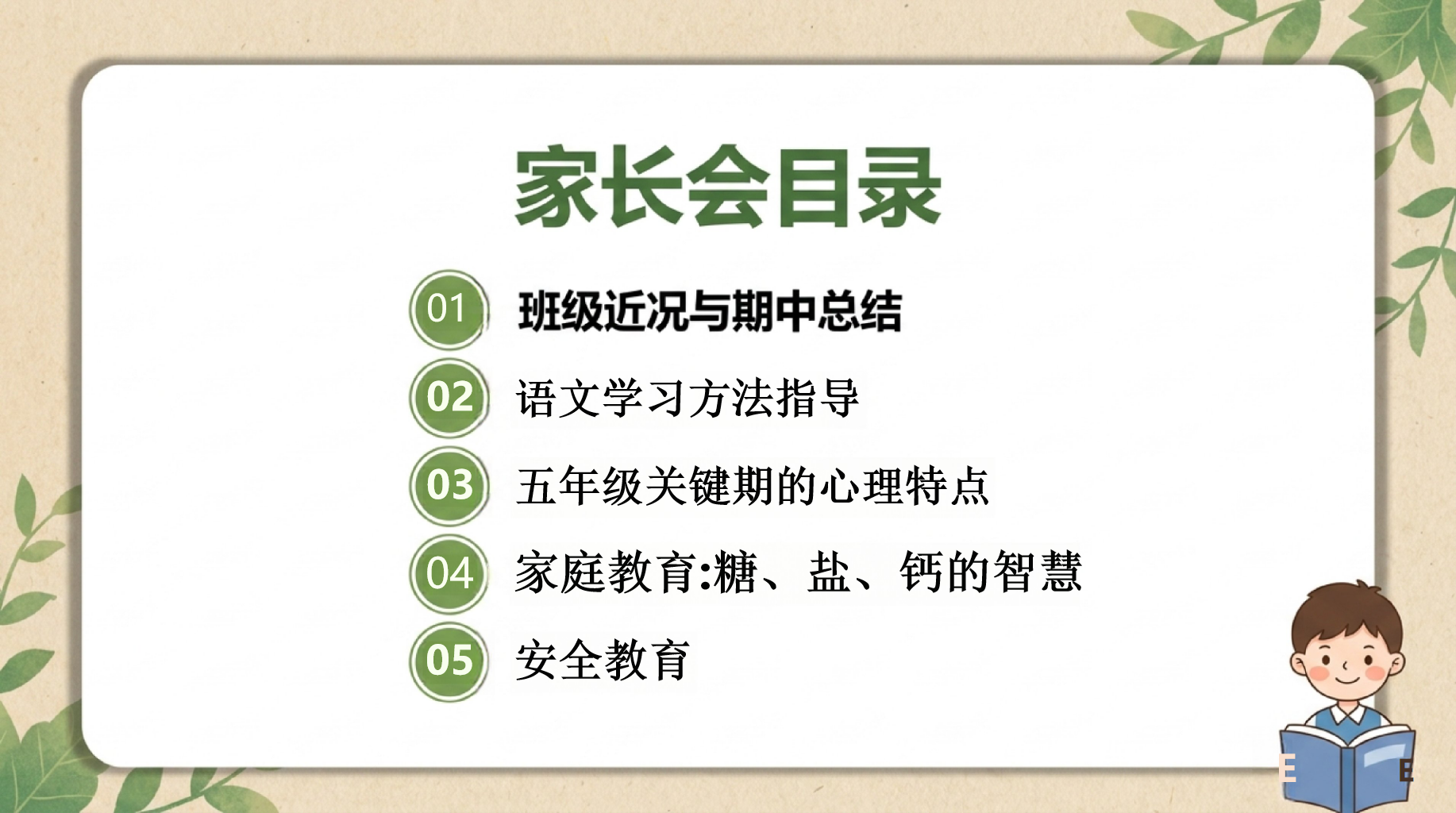 五年级下学期期中家长会PPT模板 教育不是赶进度,而是陪孩子走自己的路 家庭教育_糖、盐、钙的智慧 家长会PPT课件素材 第3页预览