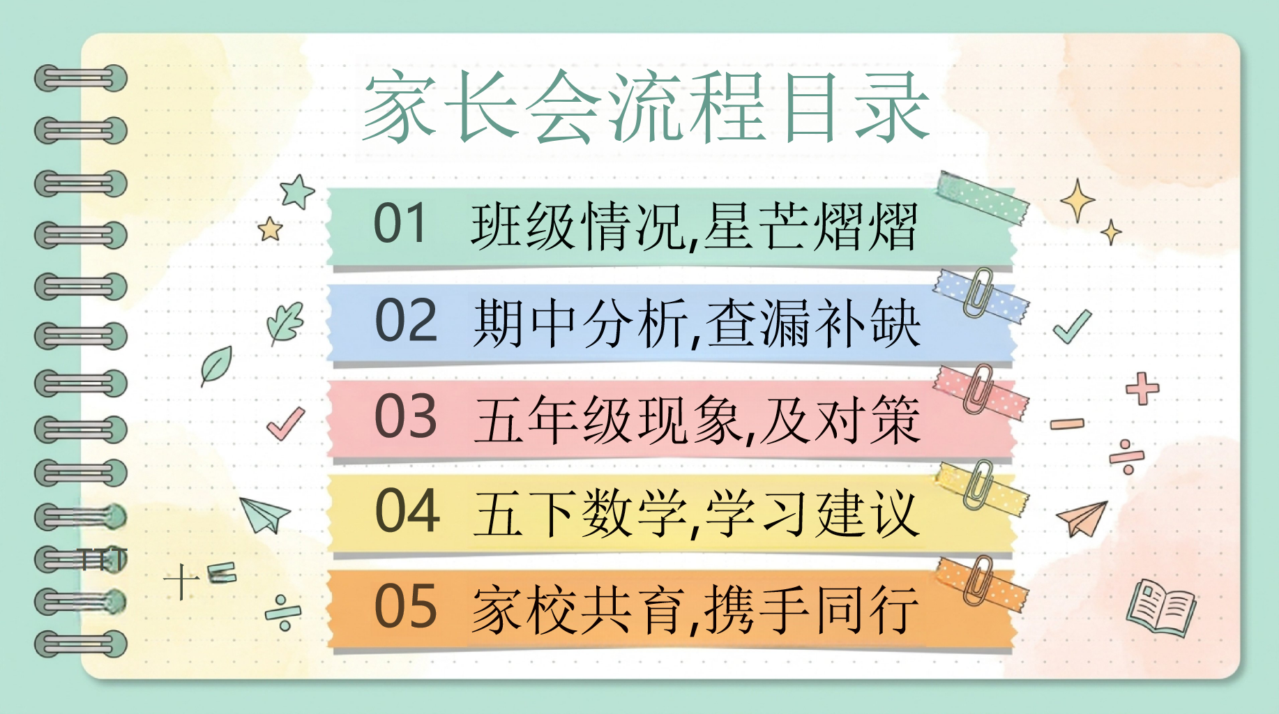 五年级数学期中家长会PPT模板 期中分析,查漏补缺 家长会流程目录 家长会PPT课件素材 第2页预览