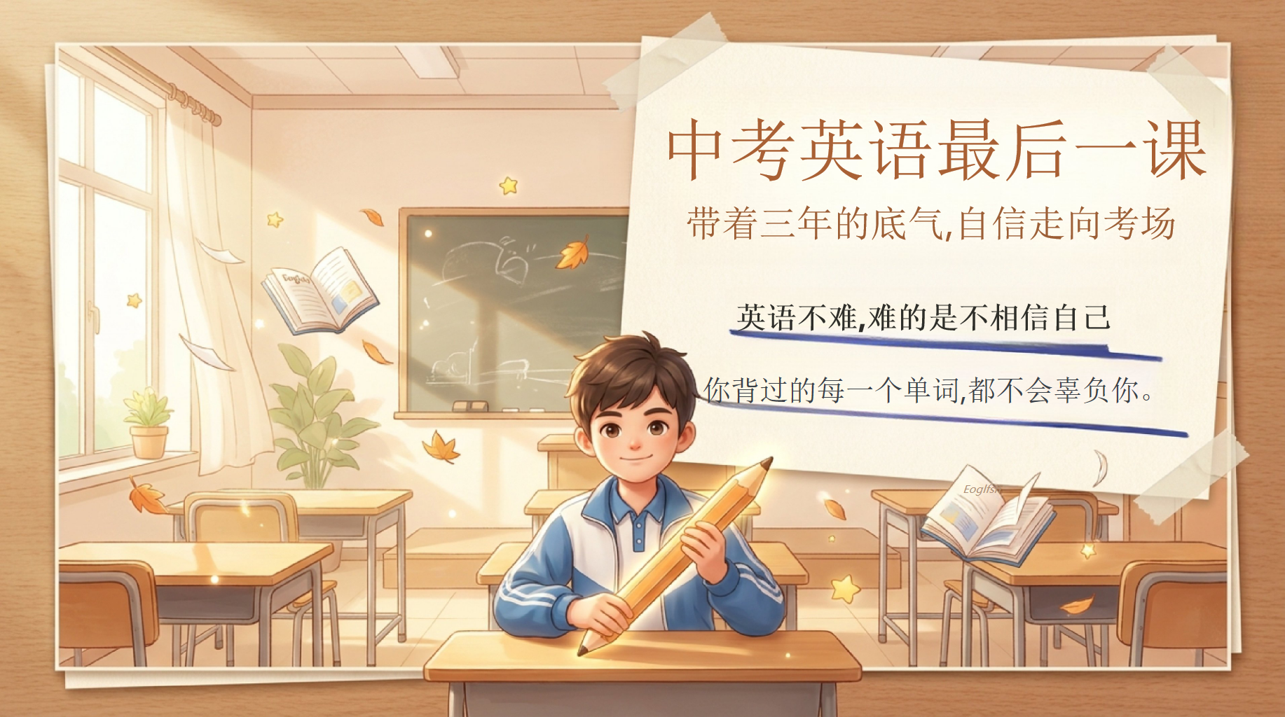 中考英语最后一课PPT模板 带着三年的底气,自信走向考场 心理战术_我难人不畏难,我易人不大意 PPT课件素材 第1页预览