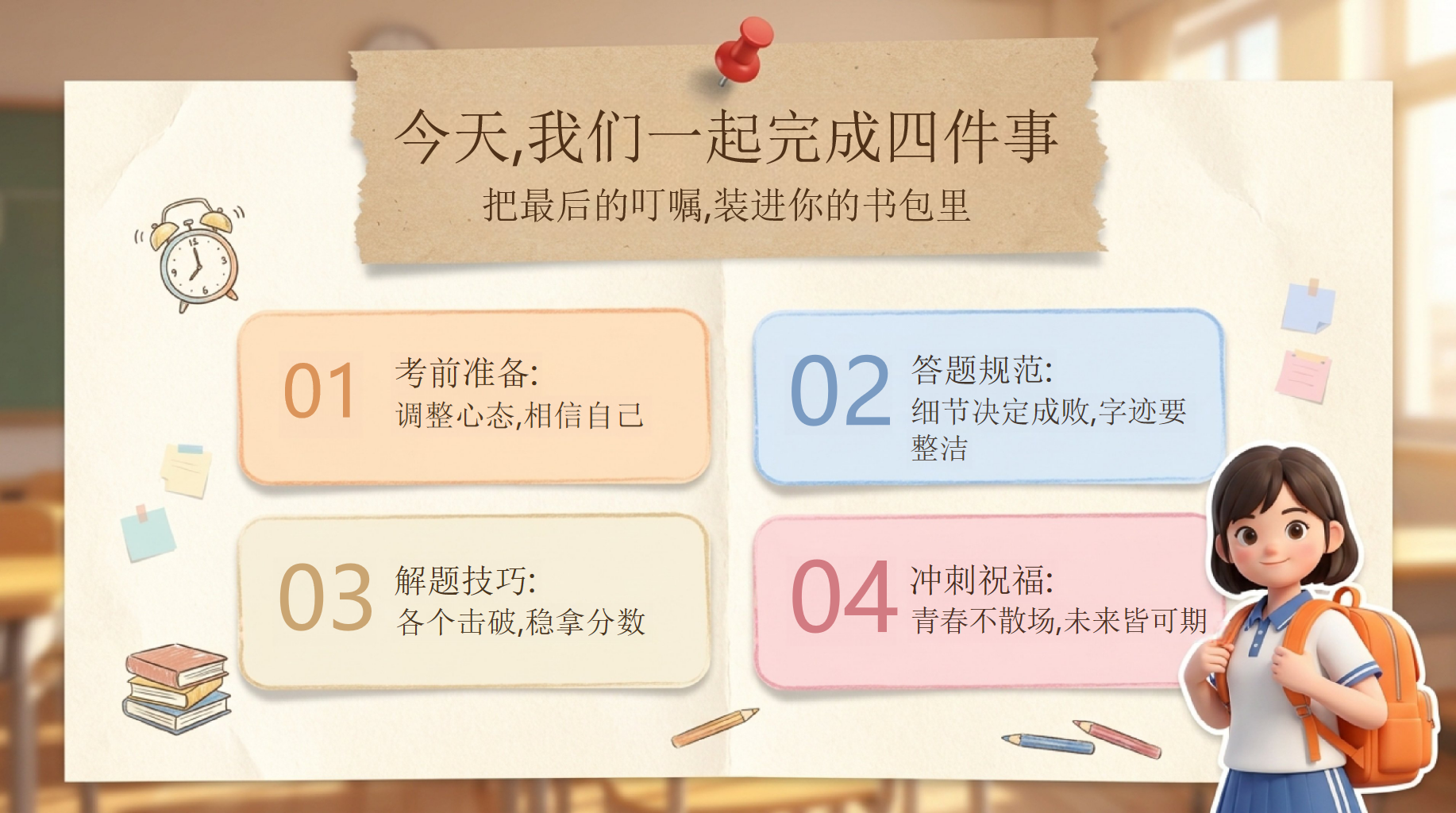 中考英语最后一课PPT模板 带着三年的底气,自信走向考场 心理战术_我难人不畏难,我易人不大意 PPT课件素材 第2页预览
