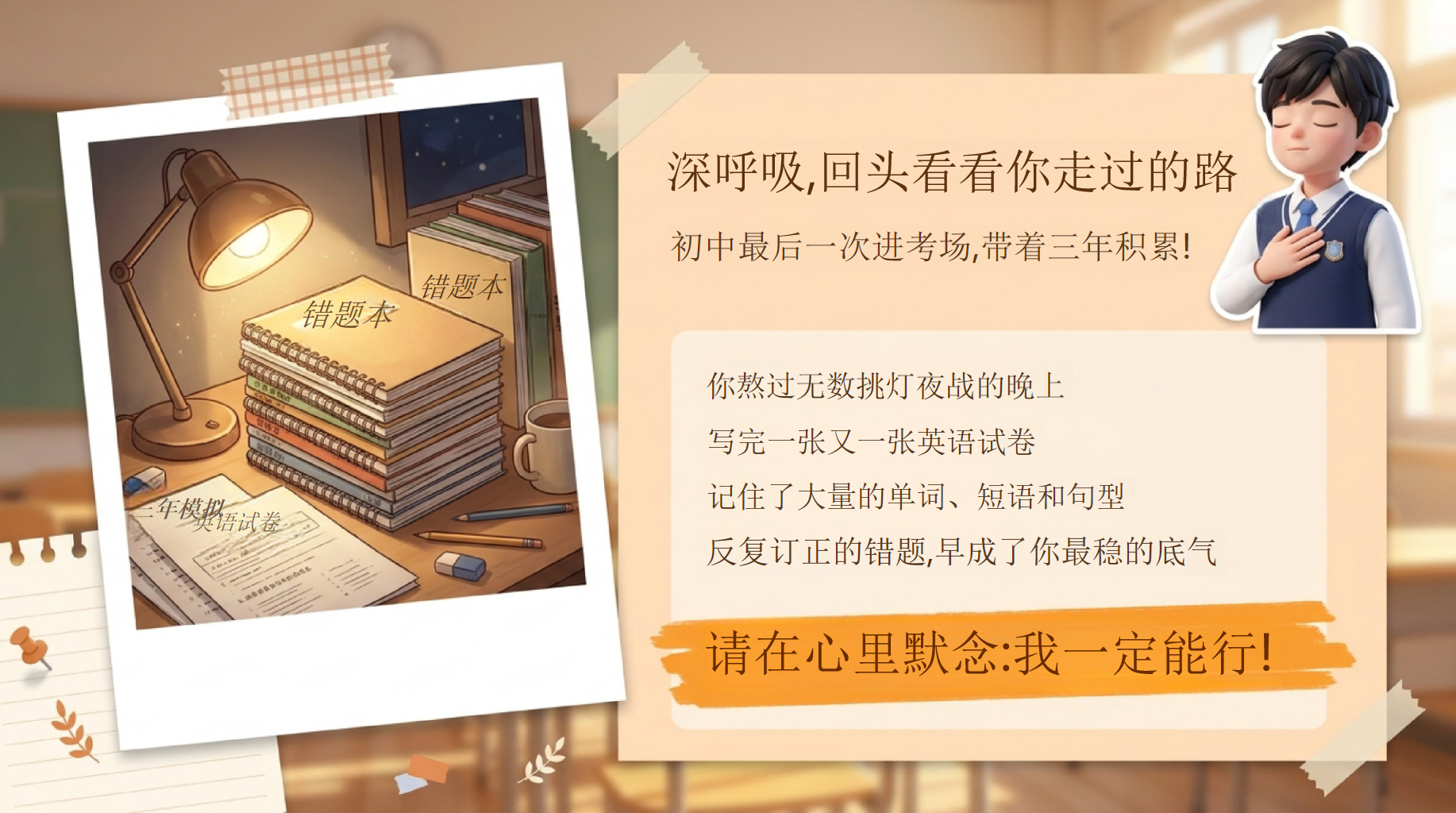 中考英语最后一课PPT模板 带着三年的底气,自信走向考场 心理战术_我难人不畏难,我易人不大意 PPT课件素材 第3页预览
