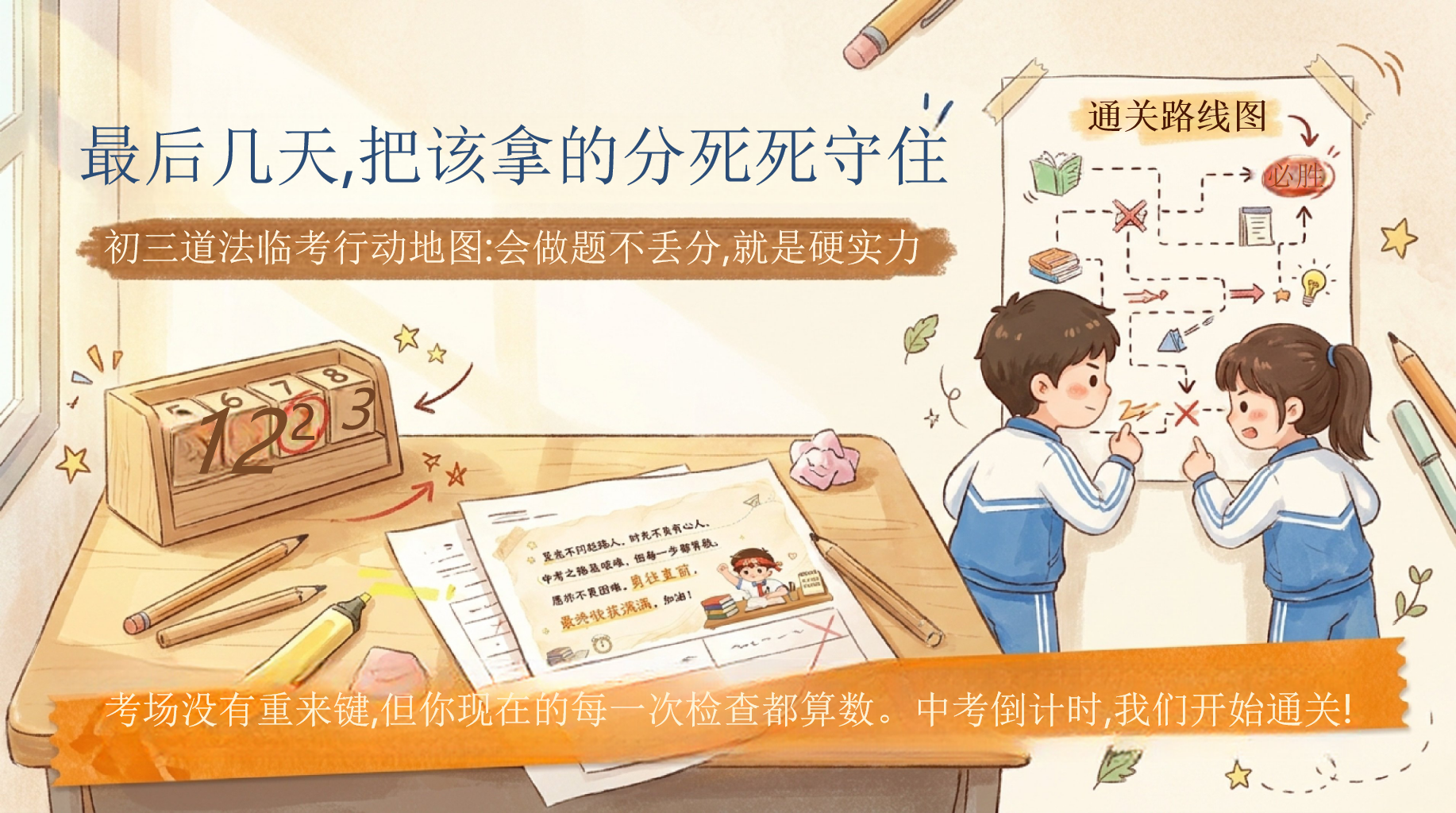 中考倒计时,我们开始通关PPT模板 最后几天,把该拿的分死死守住 初三道法临考行动地图_会做题不丢分,就是硬实力 PPT课件素材 PPT封面预览