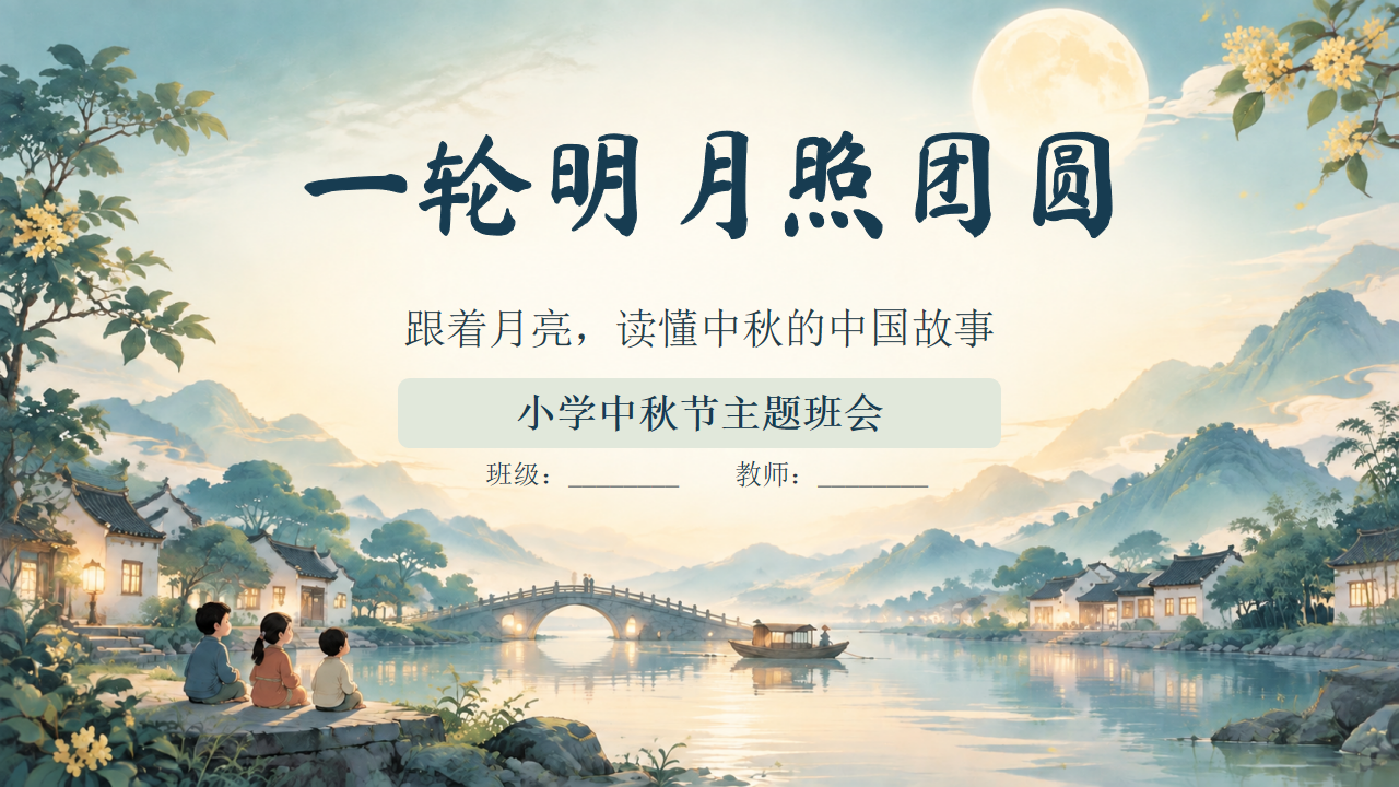 小学中秋主题班会一轮明月照团圆PPT课件素材 PPT封面预览